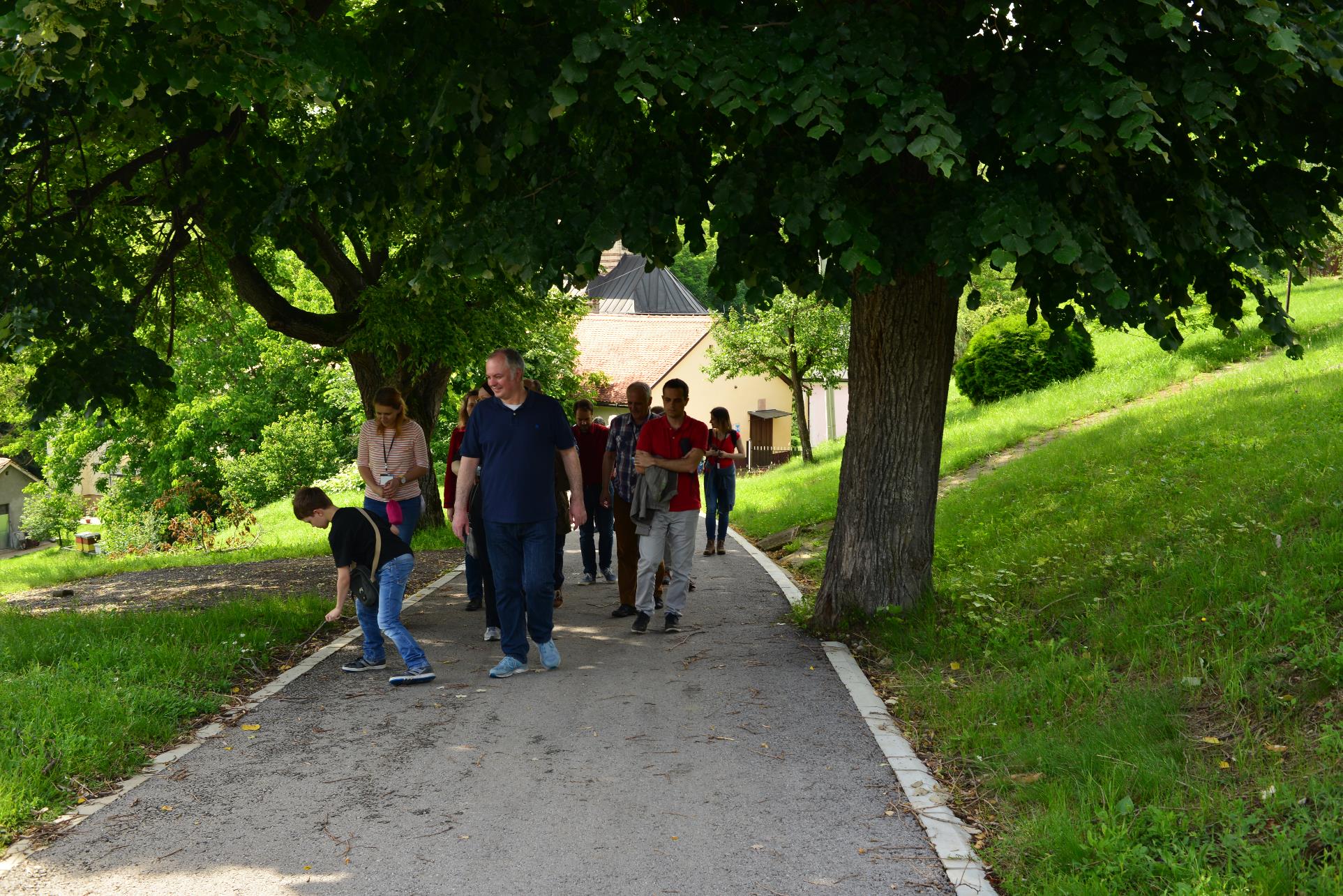 A person walking down a sidewalk next to a tree

Description automatically generated